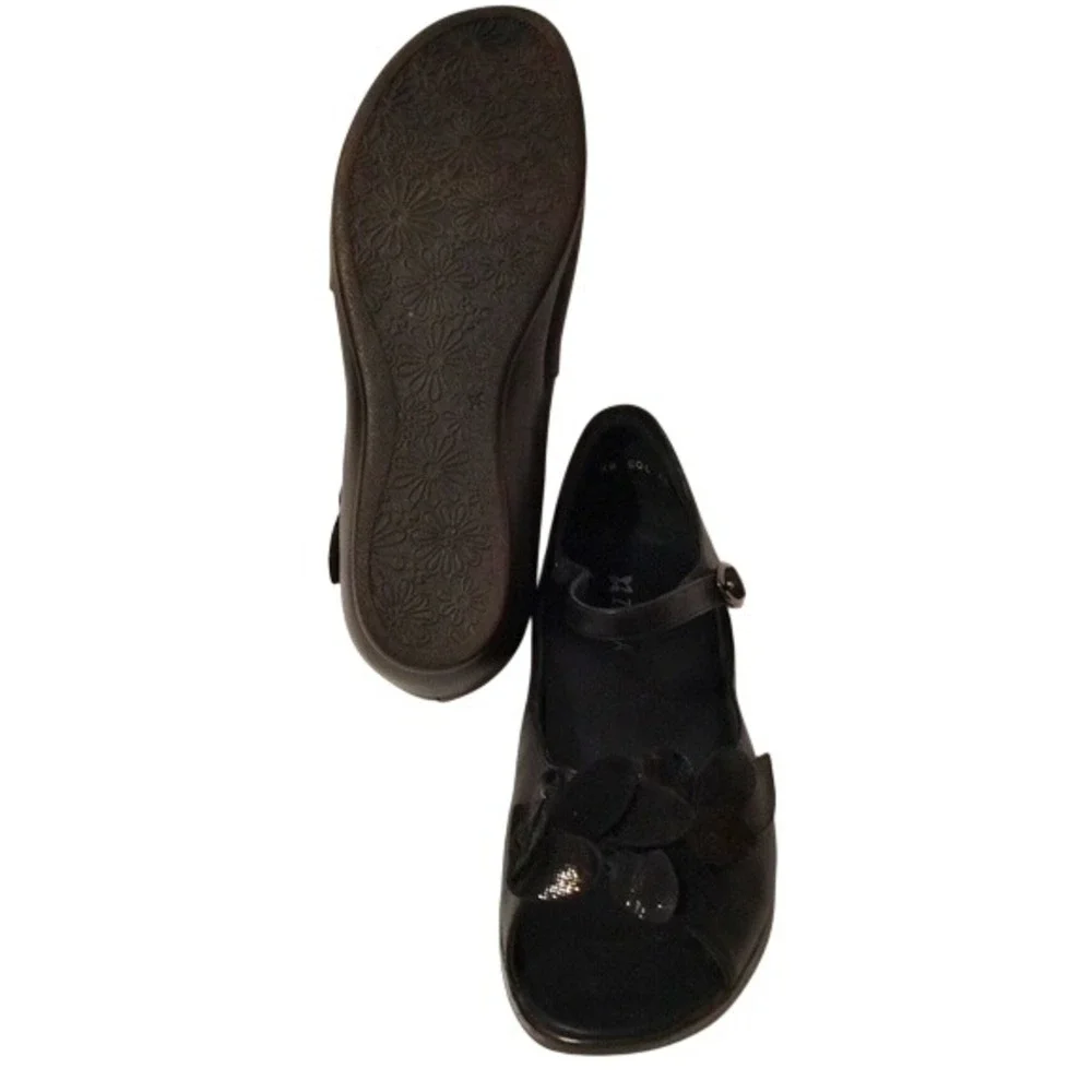 Ziera Women's Mary Janes Black Leather Floral  Shoes Flower Sz 40‎ US
